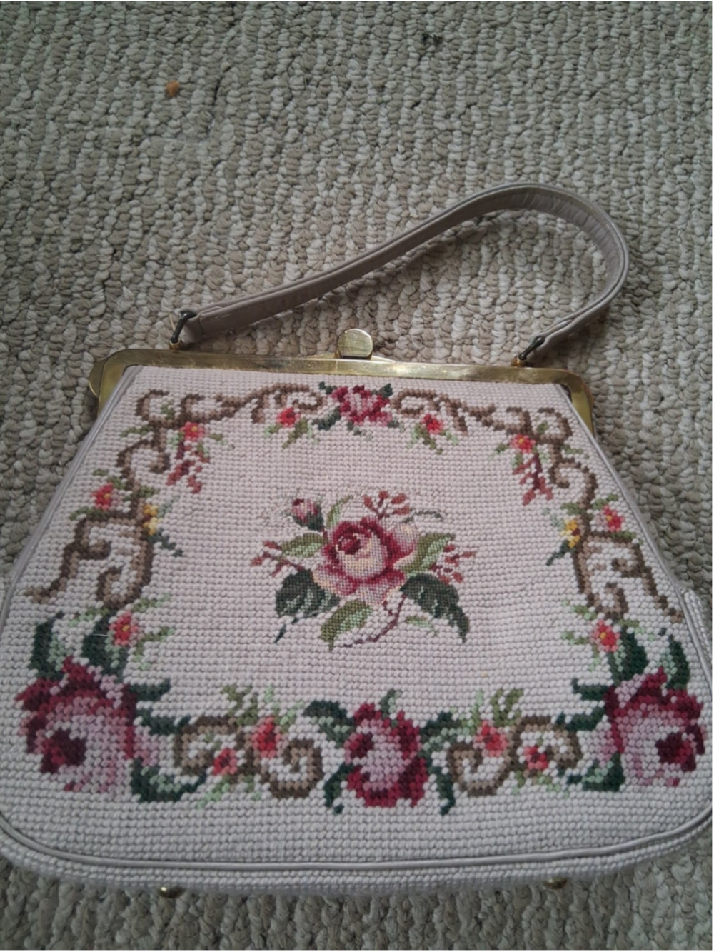 Vtg Floral Tapestry Handbag Women Ivory Wool Purse Satchel Bag Belgium